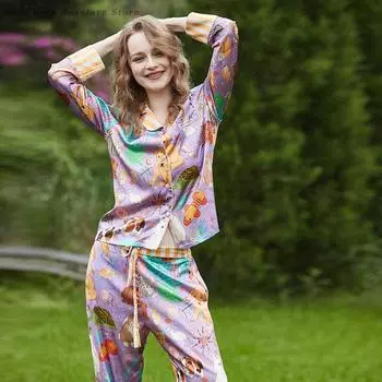Пижама из 2 предметов с мультяшным принтом из сатина, роскошные пижамы, весенние рубашки с длинными рукавами, брюки, комплект пижамы, женская домашняя одежда M