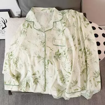 Пижама из 2 предметов с принтом бамбука в китайском стиле, повседневная домашняя одежда с отложным воротником, женская пижама, осенняя новая винтажная одежда для сна M