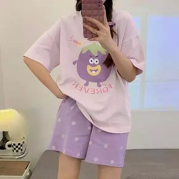 Пижама из чистого хлопка для женщин, летняя пижама с коротким рукавом, шорты, одежда для сна, милая домашняя одежда с мультяшным принтом M for 40-50kg