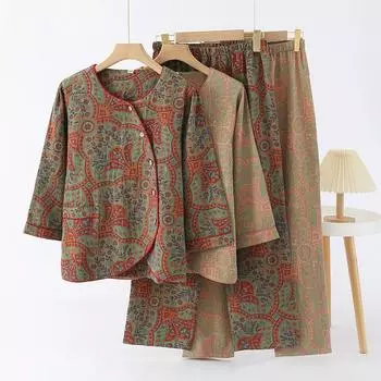 Пижама из чистого хлопка в китайском стиле для женщин, комплект с длинными рукавами, брюками, домашняя одежда, свободная пижама с круглым вырезом для отдыха M