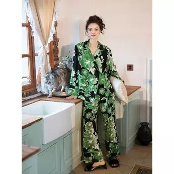 Пижама из двух частей для женщин весна и осень новая верхняя одежда планка подтяжки домашняя одежда S зелёный