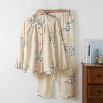 Пижама из двухслойной хлопковой марли, женская, весенне-осенняя, тонкая, с круглым вырезом, длинными рукавами, свободная, для дома M