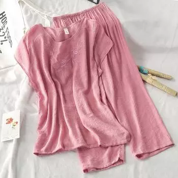 Пижама из хлопка и льна для женщин, пижамный комплект с вышивкой, летняя пижама Pigiama Pjs XL синий