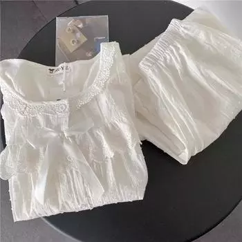 Пижама из хлопка и льна с кружевной кромкой для женщин в дворцовом стиле, брюки с длинными рукавами, кардиган, домашняя одежда S белый