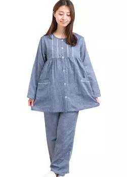 Пижама из хлопка с двойной марлей и длинным передом, подходит для весны и 15117 [K s Eye], приятная для кожи, 100% открывающаяся, женские рукава, осень, S/M/L/LL/3L тёмно-синий