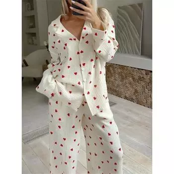 Пижама из хлопка с принтом «Любовь» для женщин, однобортная, с карманами, женская пижама с отворотом и длинным рукавом, женская одежда S