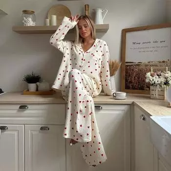 Пижама из хлопка с принтом «Любовь» для женщин, однобортная, с карманами, новинка, женская одежда для сна 2025 года, весна-осень, с лацканами, с длинным рукавом, женская одежда S хаки
