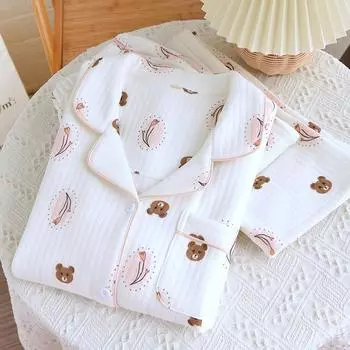 Пижама из хлопка с принтом медведя, теплая домашняя одежда на осень и зиму, пижама с отворотами, утолщенная свободная повседневная пижама-кардиган M белый