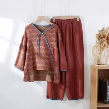 Пижама из хлопка в китайском стиле, женские двухслойные марлевые брюки с длинным рукавом, домашняя одежда с V-образным вырезом, домашняя одежда, комплект из 2 предметов M