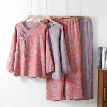 Пижама из хлопка женская весна и осень тонкий хлопковый жаккард с длинными рукавами домашняя одежда пижама с круглым вырезом M розовый