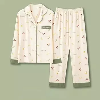 Пижама из хлопка, женские длинные брюки с длинными рукавами, хлопок, можно носить вне дома, костюм с лацканами, вишневый M белый