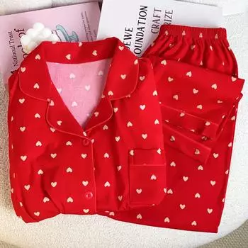 Пижама из искусственного хлопка с красным зодиаком для женщин - костюм с длинными рукавами для весны/осени XL