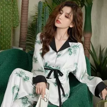 Пижама из искусственного шелка для весны и осени, женский костюм с завязками, высококачественная домашняя одежда из искусственного шелка во французском стиле, шелковистая пижама Naked M зелёный