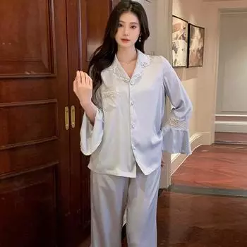 Пижама из искусственного шелка, женская, повседневная, с лацканами, кардиган для дома, однотонный кардиган с длинными рукавами, милый костюм XL синий