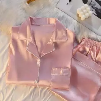 Пижама из искусственного шелка женская с длинными рукавами, тонкая версия повседневной домашней одежды большого размера, комплект из двух предметов, весна-лето, домашняя одежда weight 40-47.5kg чёрный