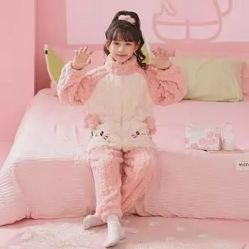 Пижама из кораллового флиса для девочек осень/зима - милый мультяшный рисунок, на молнии, воротник-стойка, размеры от маленьких до средних 16 (140-150CM)