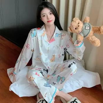 Пижама из ледяного шелка для женщин, милый кот с длинными рукавами, женский пижамный комплект, костюм, высококачественная милая шелковая домашняя одежда, ночная одежда, одежда для сна M