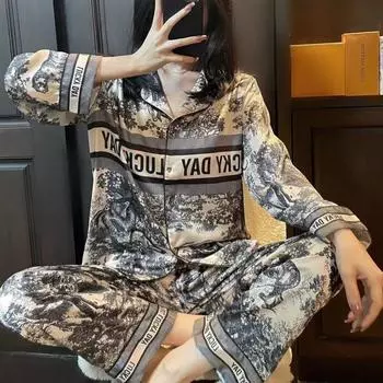 Пижама из ледяного шелка для женщин с рисунком тушью, с длинным рукавом, элегантная, удобная, домашняя одежда, сексуальная, ночная рубашка для девочек M чёрный