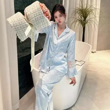 Пижама из ледяного шелка для женщин, весна-лето, бисер, высококачественная кружевная домашняя одежда, тонкий стиль M розовый