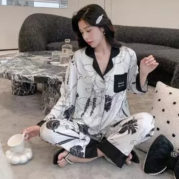 Пижама из ледяного шелка для женщин, весна и осень, новый кардиган с длинными рукавами, простая домашняя пижама в чернильном цвете M