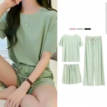 Пижама из ледяного шелка, комплект из трех предметов женской домашней одежды, брюки, простой и удобный свободный костюм с короткими рукавами и шортами free40-65kg жёлтый