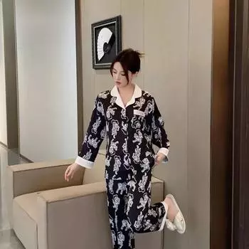 Пижама из ледяного шелка, весна и осень, новый женский высококачественный кардиган с принтом, брюки с длинными рукавами, комплект из двух предметов для дома M