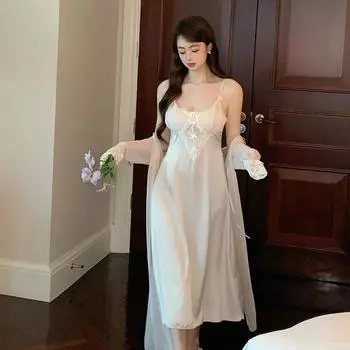 Пижама из ледяного шелка во французском стиле, новая весенне-осенняя женская сексуальная и очаровательная ночная рубашка из двух частей, тонкий домашний костюм S бежевый