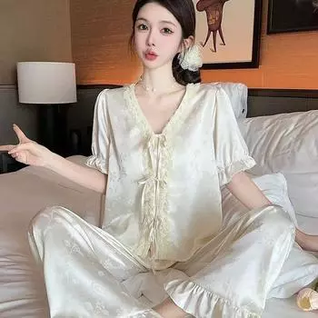 Пижама из ледяного шелка во французском стиле, женская, новая летняя, сексуальная, с короткими рукавами, брюки, верхняя одежда, комплект из двух предметов S белый