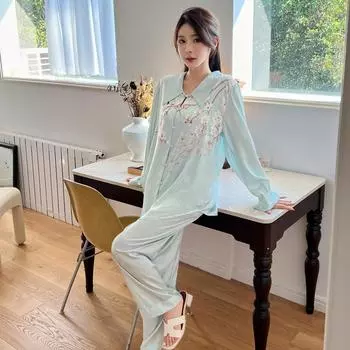 Пижама из ледяного шелка, женская, новая, с принтом, с длинным рукавом, элегантная, атласная, свободная, комплект пижамы из ледяного шелка M