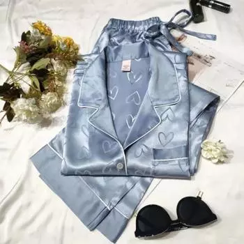 Пижама из ледяного шелка женская с длинным рукавом кружевная зеленая Premium Sense из двух частей Sweet Homewear Love Blue M синий