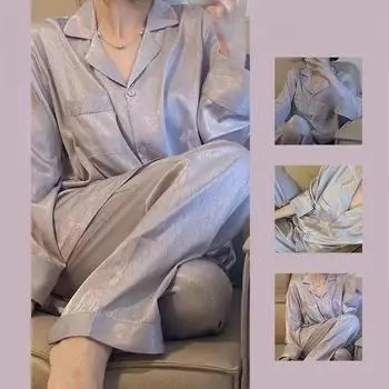 Пижама из ледяного шелка, женская, весенне-летняя, модели с длинными рукавами, повседневная, свободная, симпатичная, снаружи, тонкая часть студента M зелёный