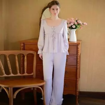 Пижама из ледяного шелка, женский костюм с длинными рукавами, весна и осень, тонкий, в стиле дворца, ретро, милый, сексуальный, уменьшающий возраст, домашняя одежда, лето S