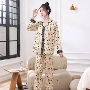 Пижама из ледяного шелка, женский костюм, сексуальное кружево, тонкий, осень и зима, новый женский маленький цветочный кардиган с длинным рукавом, домашняя одежда для женщин M фиолетовый