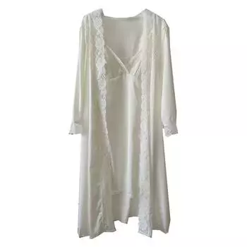 Пижама из ледяной шелковой ленты, женская ночная рубашка на слинге, двухсекционная ночная рубашка во французском дворцовом стиле, домашняя осень, корейский шикарный винтажный элегантный повседневный костюм M слоновая кость