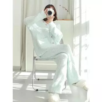 Пижама из полубархата для женщин, осенне-зимний новый кардиган, домашняя одежда, утолщенная верхняя одежда из кораллового бархата, комплект из двух предметов One Size