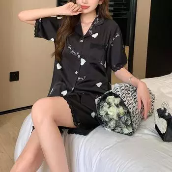 Пижама из шелка Ice Silk Ladies Senior Sense of Short-Sleeved Shorts Set Cardigan Lace Women s Homewear Two Piece Set Black L Sleepwear M чёрный