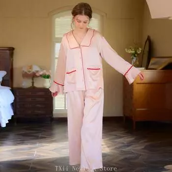 Пижама из шелка Ice Silk, женская, с длинными рукавами, весенне-летняя, тонкая, комплект из двух предметов, свободная и роскошная, французская ретро-домашняя одежда, лето S розовый