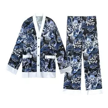 Пижама из шелка Ice Silk, женская, с принтом, с длинными рукавами, брюки, большой размер, домашняя одежда, комплект из двух предметов, V-образный вырез, сексуальная пижама S синий
