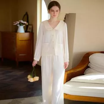 Пижама из шелка Ice Silk, женская, с длинными рукавами, весенне-летняя, тонкая, комплект из двух предметов, свободная и роскошная, французская ретро-домашняя одежда, лето S