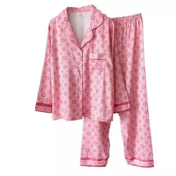 Пижама из шелка Ice Silk, женская, с длинным рукавом, розовым принтом, комплект из двух предметов, пижама с V-образным вырезом, удобная M