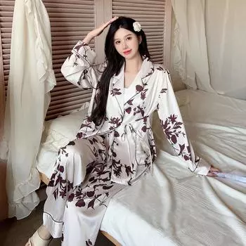 Пижама из шелка Ice Silk, женская, весенне-осенняя, кардиган, комплект со шнуровкой, пижамный комплект из шелка Ice Silk Sweet Print, пижама M