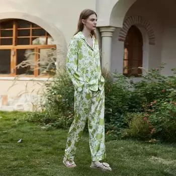 Пижама из шелка Ice, женский стиль, с лацканами, весенне-летний домашний костюм с длинными рукавами S