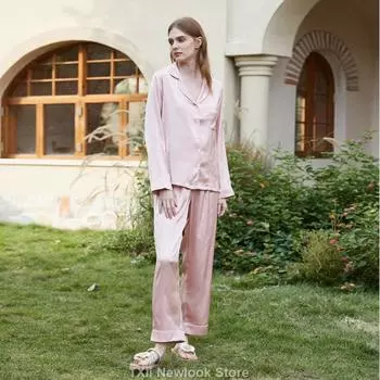 Пижама из шелка Ice, женский стиль, с лацканами, весенне-летний домашний костюм с длинными рукавами S розовый