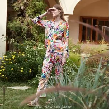 Пижама из шелка Ice, женский стиль, с лацканами, весенне-летний домашний костюм с длинными рукавами S