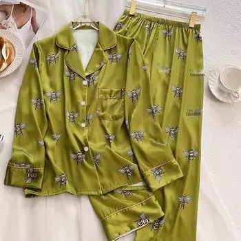 Пижама из шелка Little Bee Ice Silk в стиле ретро для женщин: Длинные рукава, высококачественный дизайн для весны и осени M (80-100 jin)