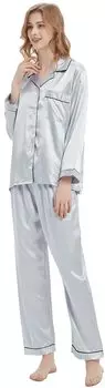 Пижама из шелкового атласа, комплект из верхней и нижней части, домашняя одежда, с длинным рукавом, безвредная для кожи, открытая передняя часть, серая, размер XL [KUMASEN] для женщин серый