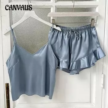 Пижама из шёлка Ice Silk, женская мода, комплект из двух предметов для дома, тонкие домашние подтяжки, шорты S темно-синий