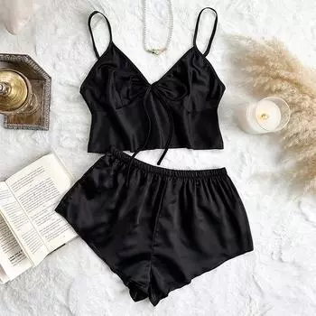 Пижама из шёлка Ice Silk, женская мода, комплект из двух предметов для дома, тонкие домашние подтяжки, шорты S розовый