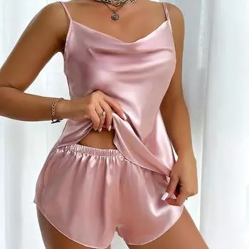 Пижама из шёлка Ice Silk, женская, с чувством моды, из двух частей, домашняя одежда, тонкие домашние подтяжки, шорты, комплект S розовый