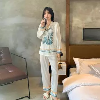 Пижама из тонкого атласа Ice Silk с длинным рукавом и брюками из двух предметов на весну и осень M